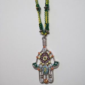 Hamsa hand pendant green and yellow hemp necklace